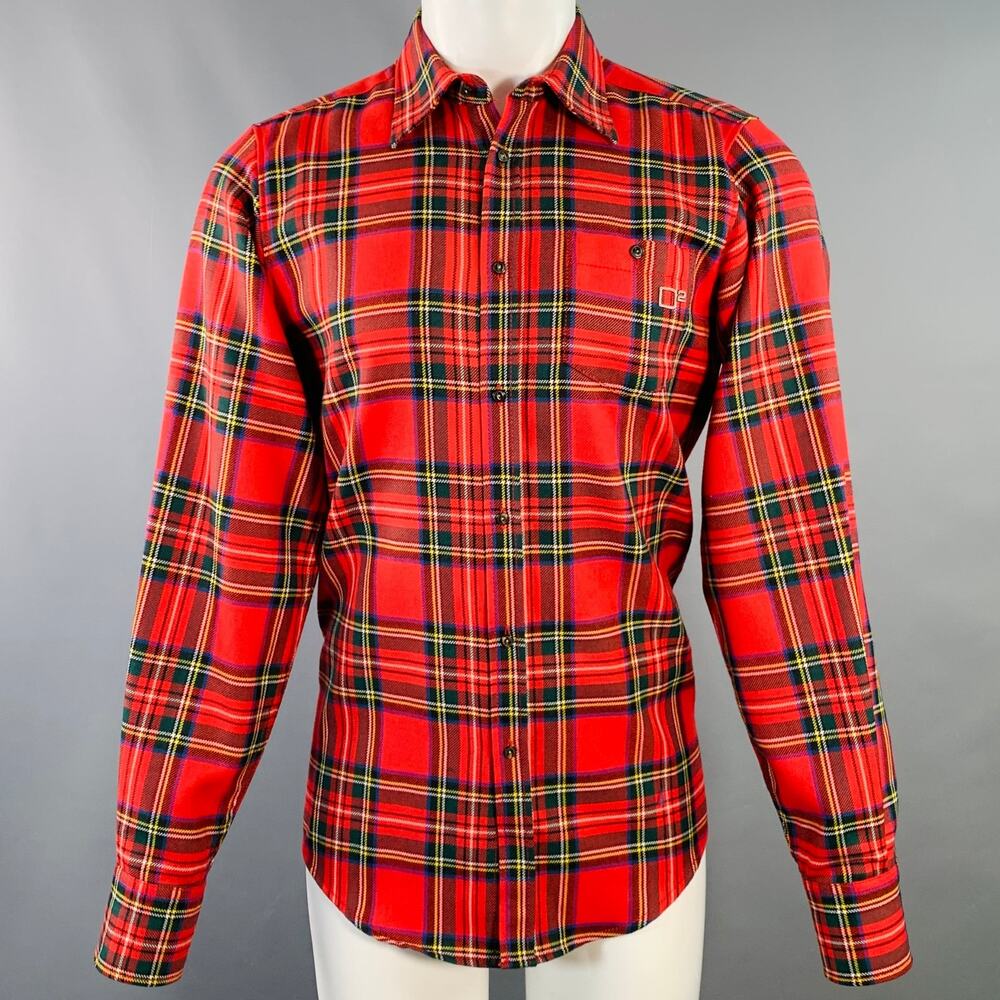 DSQUARED2 Size 38 Red Multi Color Plaid Wool Button Up Long Sleeve Shirt